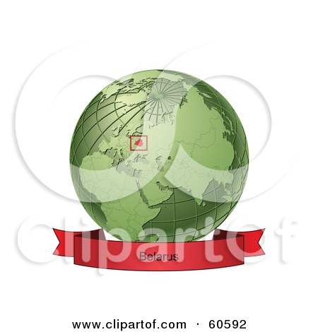 Royalty-Free (RF) Clipart Illustration of a Red Belarus Banner Along The Bottom Of A Green Grid Globe by Michael Schmeling
