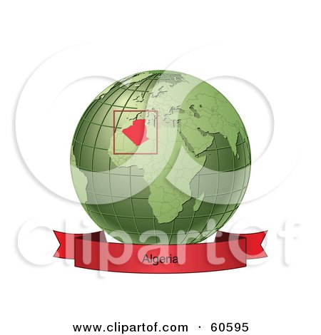 Royalty-Free (RF) Clipart Illustration of a Red Algeria Banner Along The Bottom Of A Green Grid Globe by Michael Schmeling
