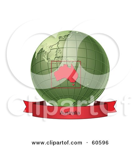 Royalty-Free (RF) Clipart Illustration of a Red Australia Banner Along The Bottom Of A Green Grid Globe by Michael Schmeling