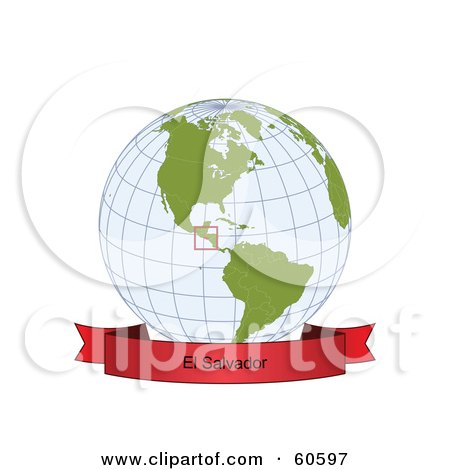 Royalty-Free (RF) Clipart Illustration of a Red El Salvador Banner Along The Bottom Of A Grid Globe by Michael Schmeling