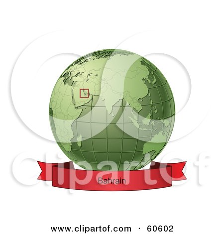 Royalty-Free (RF) Clipart Illustration of a Red Bahrain Banner Along The Bottom Of A Green Grid Globe by Michael Schmeling