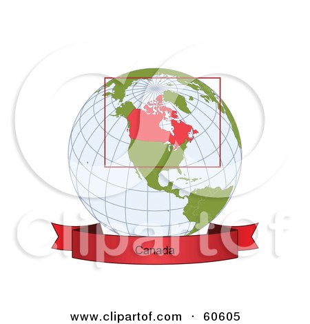 Royalty-Free (RF) Clipart Illustration of a Red Canada Banner Along The Bottom Of A Grid Globe by Michael Schmeling