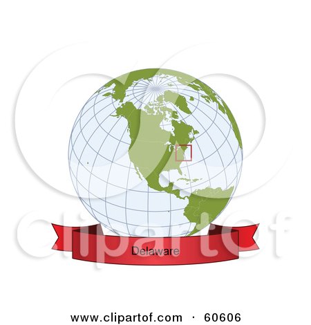 Royalty-Free (RF) Clipart Illustration of a Red Delaware Banner Along The Bottom Of A Grid Globe by Michael Schmeling