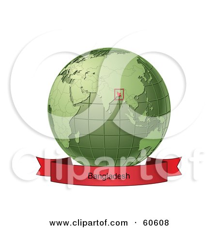 Royalty-Free (RF) Clipart Illustration of a Red Bangladesh Banner Along The Bottom Of A Green Grid Globe by Michael Schmeling