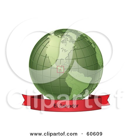 Royalty-Free (RF) Clipart Illustration of a Red El Salvador Banner Along The Bottom Of A Green Grid Globe by Michael Schmeling