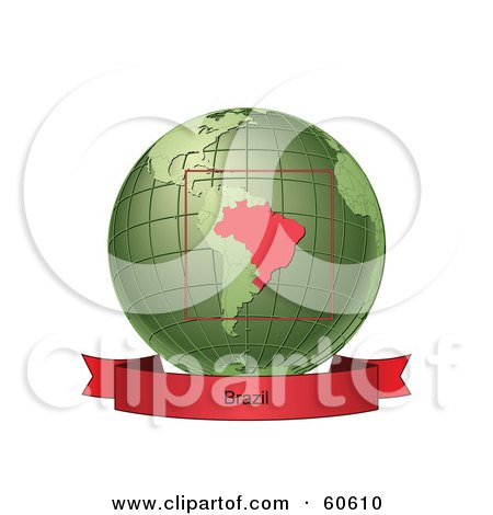 Royalty-Free (RF) Clipart Illustration of a Red Brazil Banner Along The Bottom Of A Green Grid Globe by Michael Schmeling