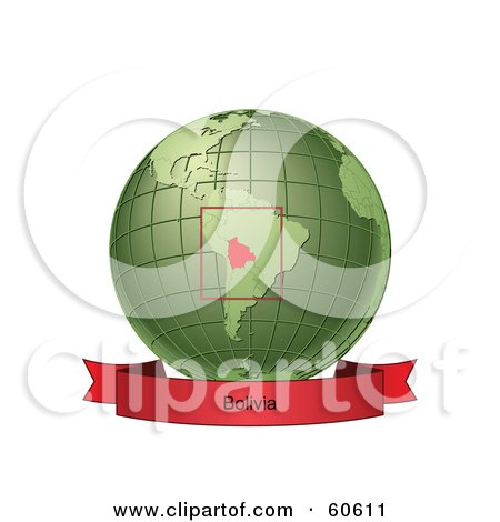 Royalty-Free (RF) Clipart Illustration of a Red Bolivia Banner Along The Bottom Of A Green Grid Globe by Michael Schmeling