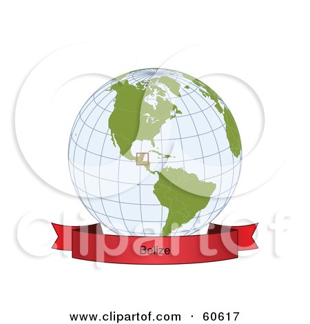 Royalty-Free (RF) Clipart Illustration of a Red Belize Banner Along The Bottom Of A Grid Globe by Michael Schmeling