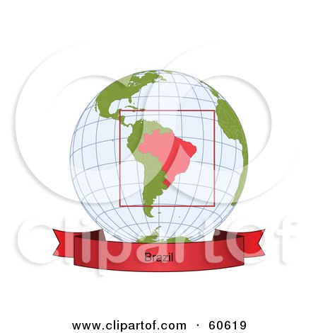 Royalty-Free (RF) Clipart Illustration of a Red Brazil Banner Along The Bottom Of A Grid Globe by Michael Schmeling