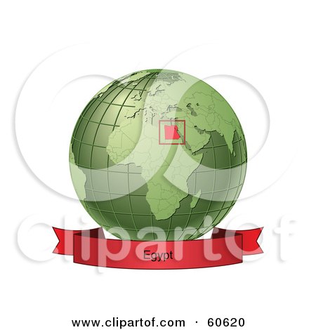 Royalty-Free (RF) Clipart Illustration of a Red Egypt Banner Along The Bottom Of A Green Grid Globe by Michael Schmeling