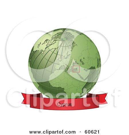Royalty-Free (RF) Clipart Illustration of a Red Cyprus Banner Along The Bottom Of A Green Grid Globe by Michael Schmeling
