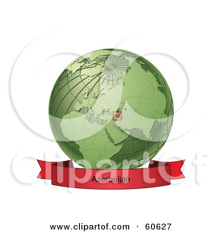 Royalty-Free (RF) Clipart Illustration of a Red Azerbaijan Banner Along The Bottom Of A Green Grid Globe by Michael Schmeling