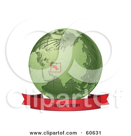Royalty-Free (RF) Clipart Illustration of a Red Turkmenistan Banner Along The Bottom Of A Green Grid Globe by Michael Schmeling