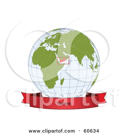 Royalty-Free (RF) Clipart Illustration of a Red Yemen Banner Along The Bottom Of A Grid Globe by Michael Schmeling