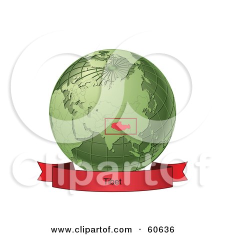 Royalty-Free (RF) Clipart Illustration of a Red Tibet Banner Along The Bottom Of A Green Grid Globe by Michael Schmeling