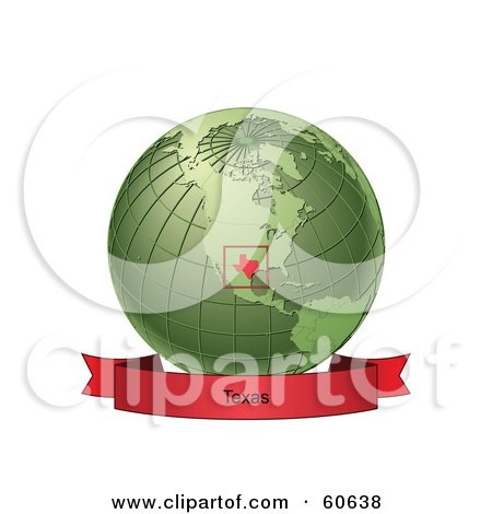 Royalty-Free (RF) Clipart Illustration of a Red Texas Banner Along The Bottom Of A Green Grid Globe by Michael Schmeling