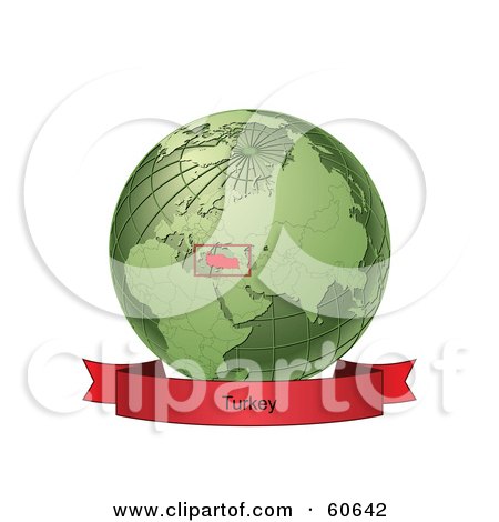 Royalty-Free (RF) Clipart Illustration of a Red Turkey Banner Along The Bottom Of A Green Grid Globe by Michael Schmeling