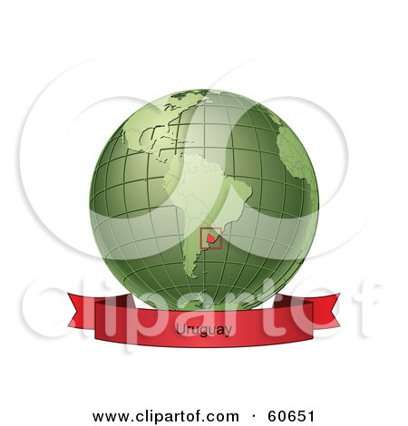 Royalty-Free (RF) Clipart Illustration of a Red Uruguay Banner Along The Bottom Of A Green Grid Globe by Michael Schmeling