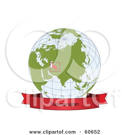 Royalty-Free (RF) Clipart Illustration of a Red Turkmenistan Banner Along The Bottom Of A Grid Globe by Michael Schmeling