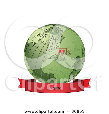 Royalty-Free (RF) Clipart Illustration of a Red Ukraine Banner Along The Bottom Of A Green Grid Globe by Michael Schmeling