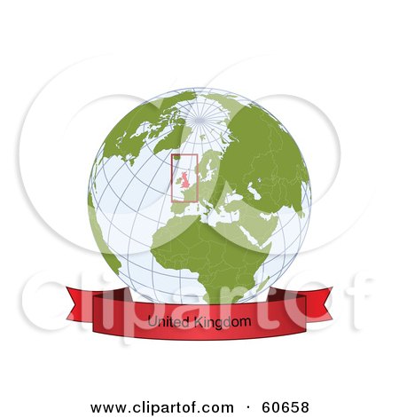 Royalty-Free (RF) Clipart Illustration of a Red United Kingdom Banner Along The Bottom Of A Grid Globe by Michael Schmeling