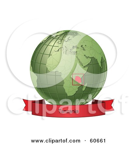 Royalty-Free (RF) Clipart Illustration of a Red Tanzania Banner Along The Bottom Of A Green Grid Globe by Michael Schmeling