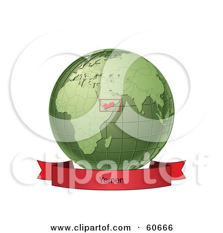 Royalty-Free (RF) Clipart Illustration of a Red Yemen Banner Along The Bottom Of A Green Grid Globe by Michael Schmeling