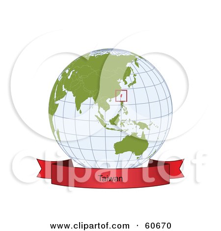 Royalty-Free (RF) Clipart Illustration of a Red Taiwan Banner Along The Bottom Of A Grid Globe by Michael Schmeling