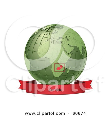 Royalty-Free (RF) Clipart Illustration of a Red Zambia Banner Along The Bottom Of A Green Grid Globe by Michael Schmeling