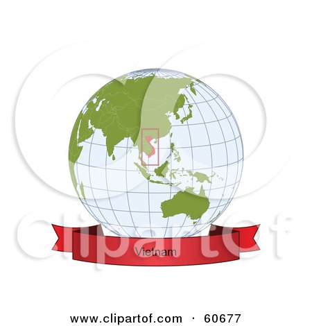 Royalty-Free (RF) Clipart Illustration of a Red Vietnam Banner Along The Bottom Of A Grid Globe by Michael Schmeling