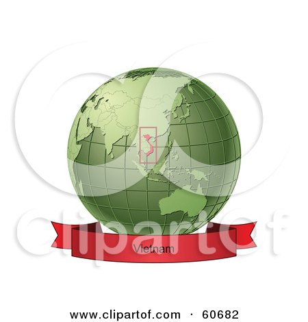 Royalty-Free (RF) Clipart Illustration of a Red Vietnam Banner Along The Bottom Of A Green Grid Globe by Michael Schmeling