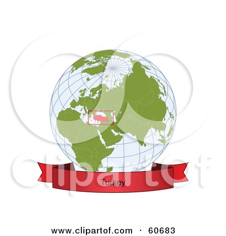 Royalty-Free (RF) Clipart Illustration of a Red Turkey Banner Along The Bottom Of A Grid Globe by Michael Schmeling