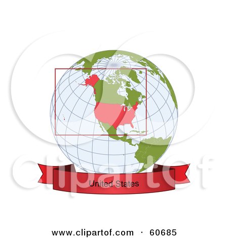 Royalty-Free (RF) Clipart Illustration of a Red United States Banner Along The Bottom Of A Grid Globe by Michael Schmeling