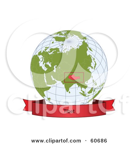 Royalty-Free (RF) Clipart Illustration of a Red Tibet Banner Along The Bottom Of A Grid Globe by Michael Schmeling