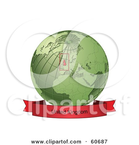 Royalty-Free (RF) Clipart Illustration of a Red United Kingdom Banner Along The Bottom Of A Green Grid Globe by Michael Schmeling