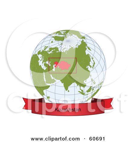 Royalty-Free (RF) Clipart Illustration of a Red Kazakhstan Banner Along The Bottom Of A Grid Globe by Michael Schmeling