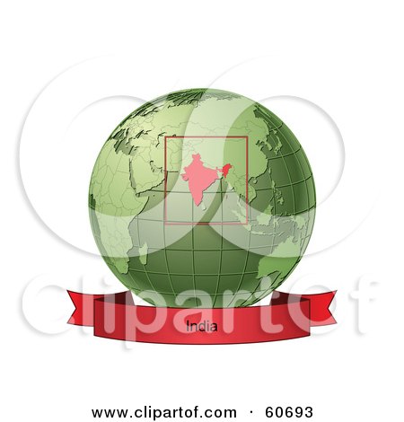 Royalty-Free (RF) Clipart Illustration of a Red India Banner Along The Bottom Of A Green Grid Globe by Michael Schmeling