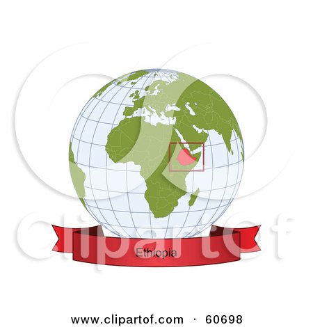 Royalty-Free (RF) Clipart Illustration of a Red Ethiopia Banner Along The Bottom Of A Grid Globe by Michael Schmeling