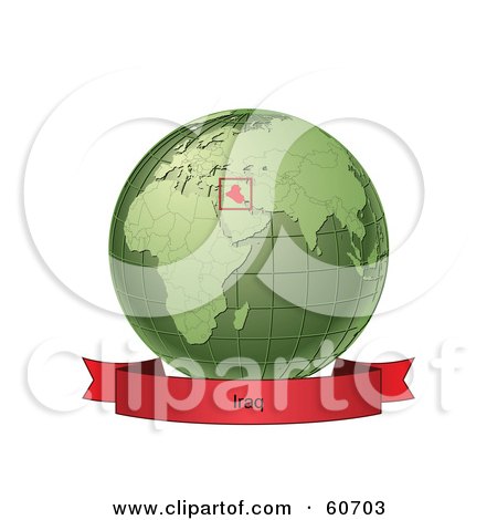 Royalty-Free (RF) Clipart Illustration of a Red Iraq Banner Along The Bottom Of A Green Grid Globe by Michael Schmeling