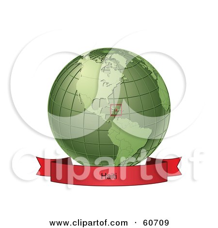 Royalty-Free (RF) Clipart Illustration of a Red Haiti Banner Along The Bottom Of A Green Grid Globe by Michael Schmeling