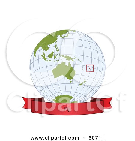 Royalty-Free (RF) Clipart Illustration of a Red Fiji Banner Along The Bottom Of A Grid Globe by Michael Schmeling
