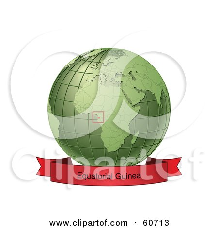 Royalty-Free (RF) Clipart Illustration of a Red Equatorial Guinea Banner Along The Bottom Of A Green Grid Globe by Michael Schmeling