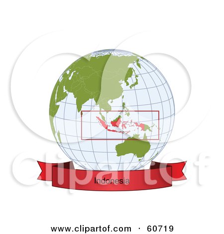 Royalty-Free (RF) Clipart Illustration of a Red Indonesia Banner Along The Bottom Of A Grid Globe by Michael Schmeling