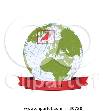 Royalty-Free (RF) Clipart Illustration of a Red Greenland Banner Along The Bottom Of A Grid Globe by Michael Schmeling