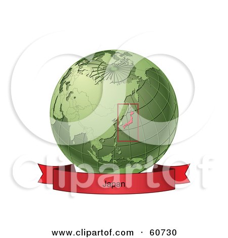 Royalty-Free (RF) Clipart Illustration of a Red Japan Banner Along The Bottom Of A Green Grid Globe by Michael Schmeling