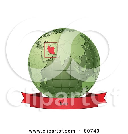 Royalty-Free (RF) Clipart Illustration of a Red Iran Banner Along The Bottom Of A Green Grid Globe by Michael Schmeling