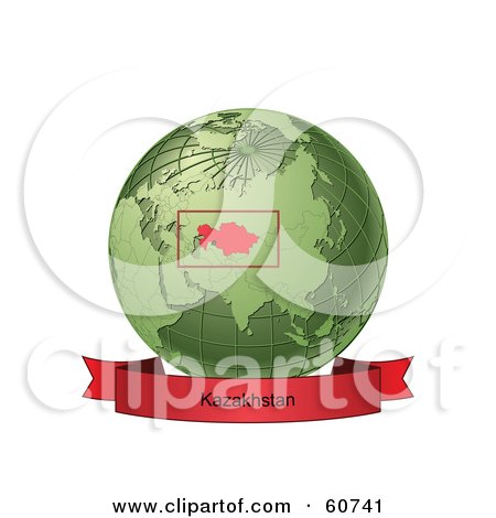 Royalty-Free (RF) Clipart Illustration of a Red Kazakhstan Banner Along The Bottom Of A Green Grid Globe by Michael Schmeling