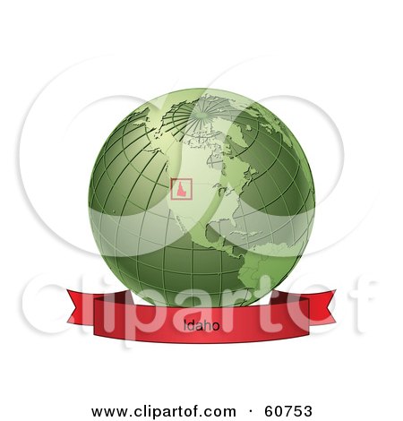 Royalty-Free (RF) Clipart Illustration of a Red Idaho Banner Along The Bottom Of A Green Grid Globe by Michael Schmeling