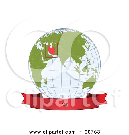 Royalty-Free (RF) Clipart Illustration of a Red Iran Banner Along The Bottom Of A Grid Globe by Michael Schmeling
