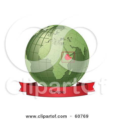 Royalty-Free (RF) Clipart Illustration of a Red Ethiopia Banner Along The Bottom Of A Green Grid Globe by Michael Schmeling
